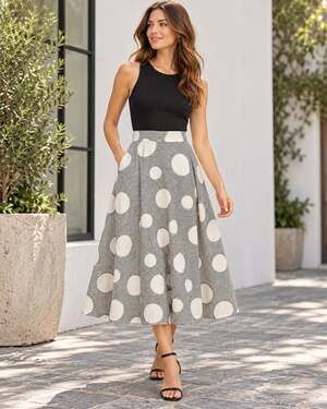 Tulip B Black White Striped Polka Dot A Line Midi Skirt Small NWT Pockets